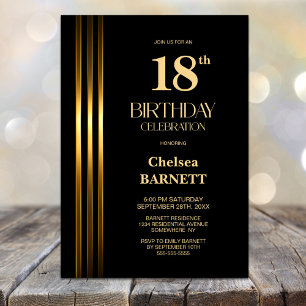 Gold Striped Black 18th Birthday Party Invitation