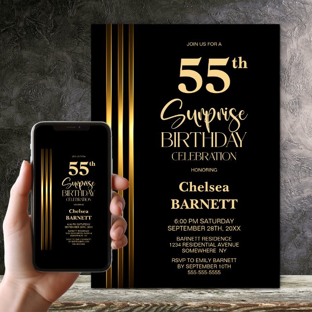 Gold Striped Black 55th Surprise Birthday Party Invitation (Creator Uploaded)