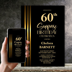 Gold Striped Black 60th Surprise Birthday Party Invitation