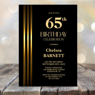 Gold Striped Black 65th Birthday Party Invitation
