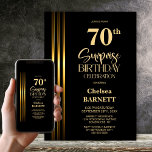 Gold Striped Black 70th Surprise Birthday Party Invitation<br><div class="desc">Make the surprise unforgettable with this stylish gold striped black surprise 70th birthday party invitation. The customizable text templates allow you to add the name of the honored guest, the secret party details, and the venue with ease. Your guest of honor will be in for a night of laughter and...</div>