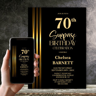 Gold Striped Black 70th Surprise Birthday Party Invitation