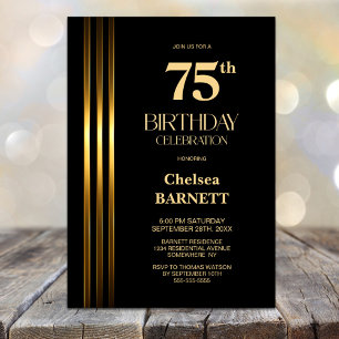Gold Striped Black 75th Birthday Party Invitation