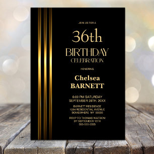 Gold Striped Black Any Age Birthday Party Invitation