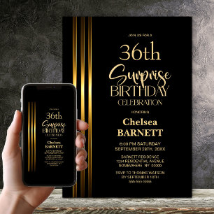 Gold Striped Black Any Age Surprise Birthday Party Invitation