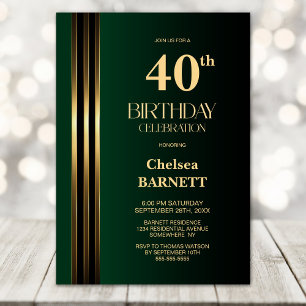 Gold Striped Black Green 40th Birthday Party Invitation