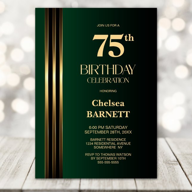 Gold Striped Black Green 75th Birthday Party Invitation (Creator Uploaded)