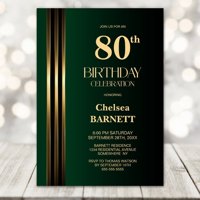 Gold Striped Black Green 80th Birthday Party Invitation (Creator Uploaded)