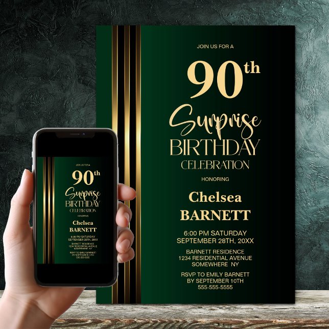 Gold Striped Black Green 90th Surprise Birthday Invitation (Creator Uploaded)