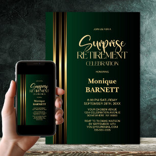 Gold Striped Black Green Surprise Retirement Party Invitation