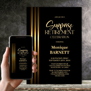 Gold Striped Black Surprise Retirement Party Invitation