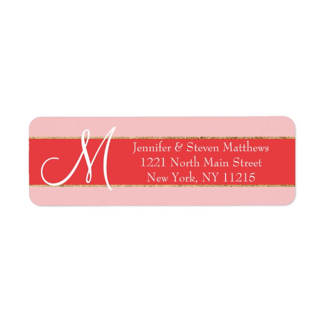Gold Striped Coral Monogram Initials Name Labels (Front)