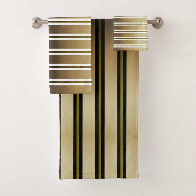 Gold Stripes And Black And White Lines Bath Towel Set (Insitu)