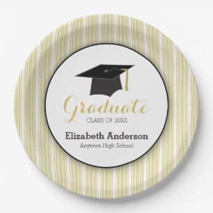 Gold Stripes and Hat Personalized Graduation Paper Plate