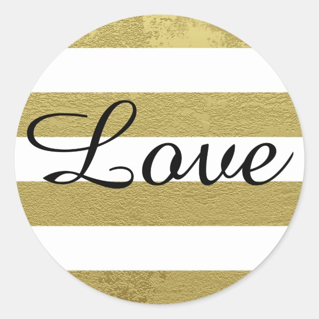 Gold Stripes and Love in Black Lettering Classic Round Sticker (Front)