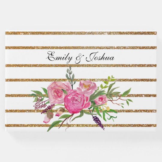 Gold Stripes and Pink Flowers Wedding Guest Book