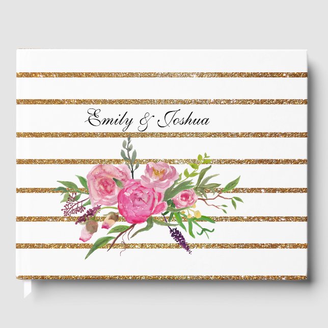 Gold Stripes and Pink Flowers Wedding Guest Book (Front)