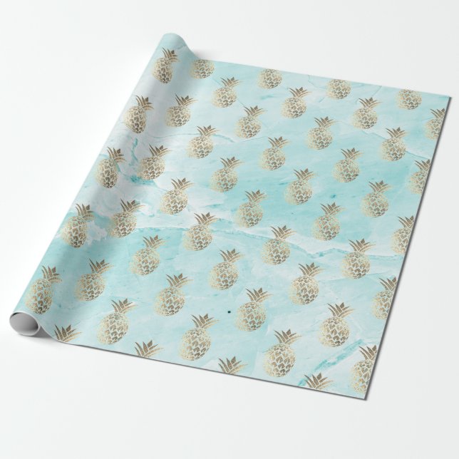 gold stripes aqua marble pineapple gold wrapping paper (Unrolled)