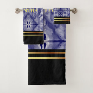 Gold Stripes Black And Navy Blue Marble Geometric Bath Towel Set