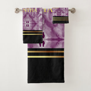 Gold Stripes Black And Purple Marble Geometric Bath Towel Set