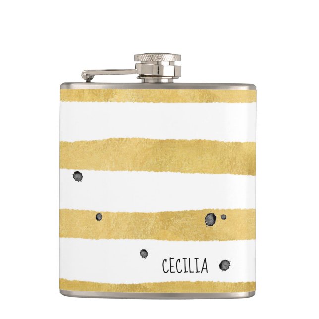 Gold Stripes & Black Dots Monogram Pattern Flask (Front)