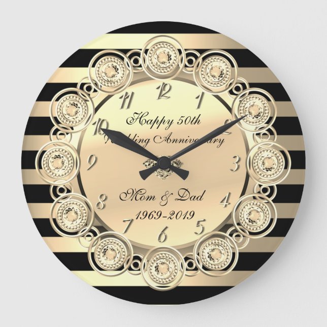 Gold Stripes,Diamonds 50th Wedding Anniversary Large Clock (Front)