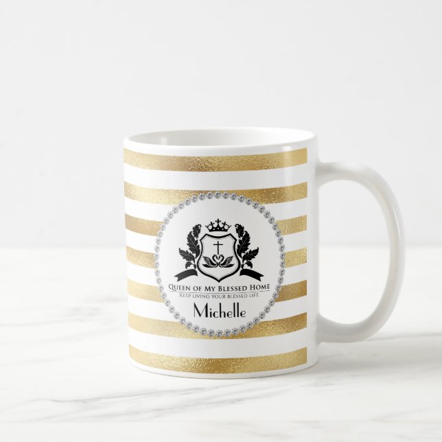Gold Stripes & Diamonds Queen Personalized Coffee Mug (Right)