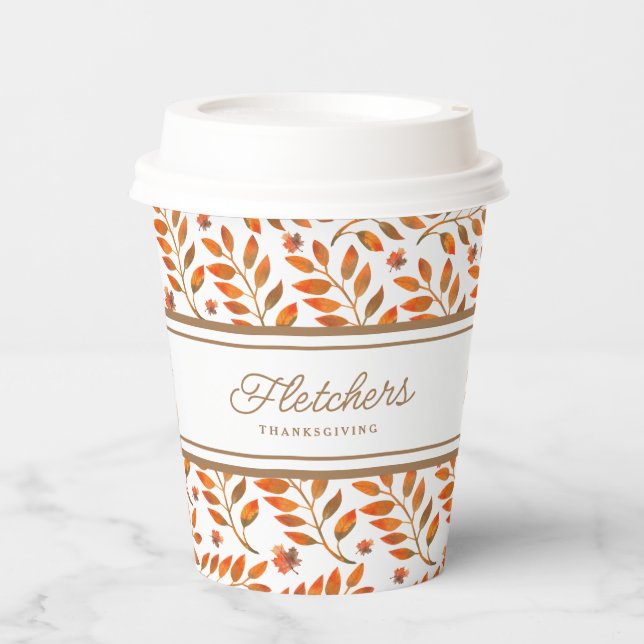 Gold Stripes & Fall Leaves Botanical Customizable Paper Cups (Front)