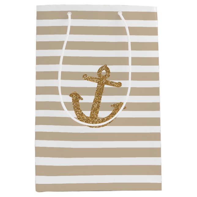 Gold Stripes Faux Glitter Anchor Medium Gift Bag (Front)