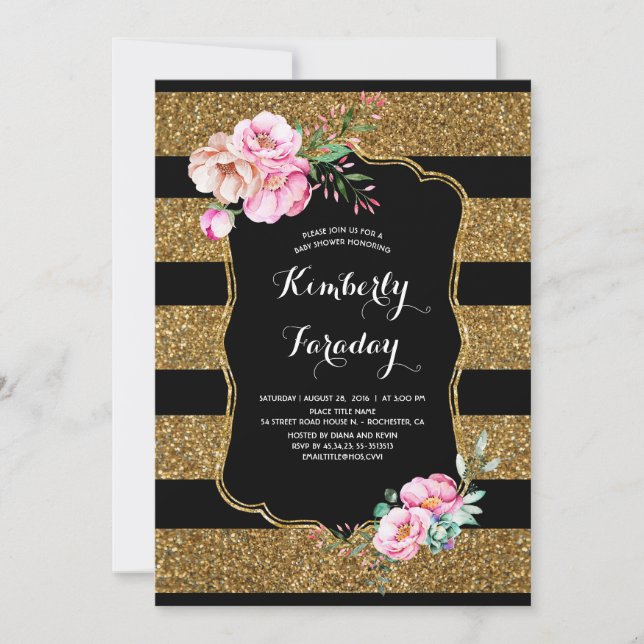 Gold Stripes Floral Vintage Baby Shower Invitation (Front)