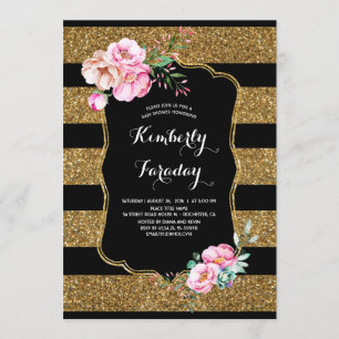 Gold Stripes Floral Vintage Baby Shower Invitation