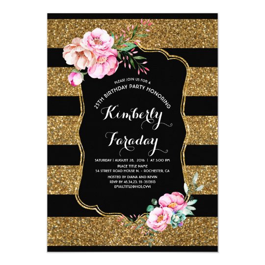 Gold Stripes Floral Vintage Birthday Party Card