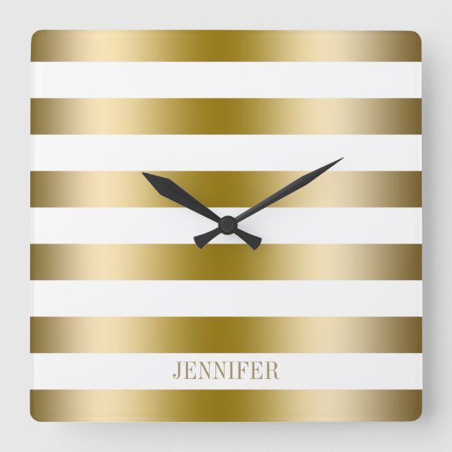 Gold Stripes Geometric Pattern Square Wall Clock (Front)