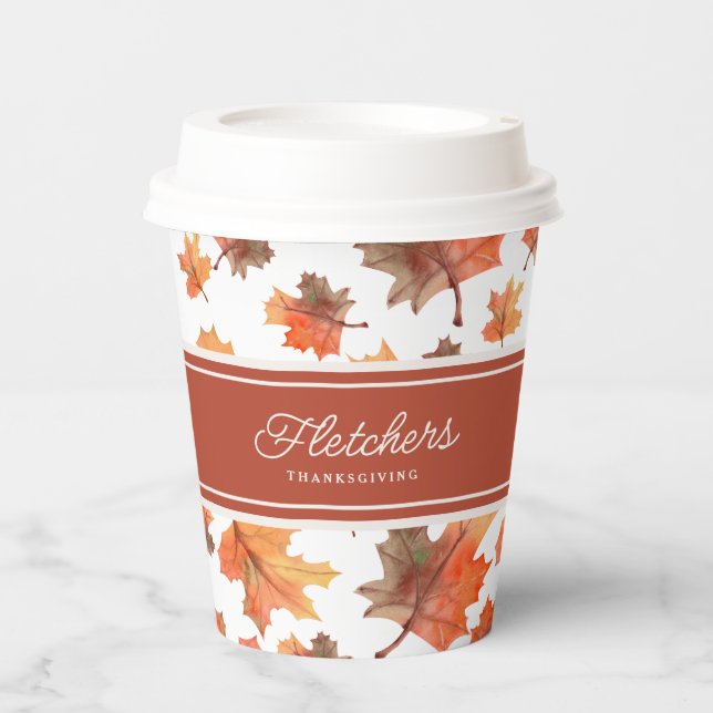 Gold Stripes & Golden Fall Leaves Customizable Pap Paper Cups (Front)