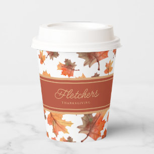 Gold Stripes & Golden Fall Leaves Customizable Paper Cups