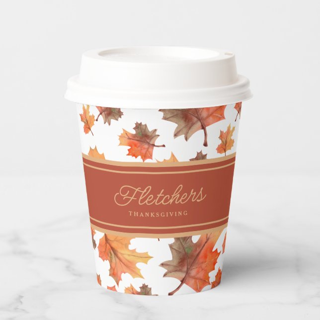 Gold Stripes & Golden Fall Leaves Customizable Paper Cups (Front)
