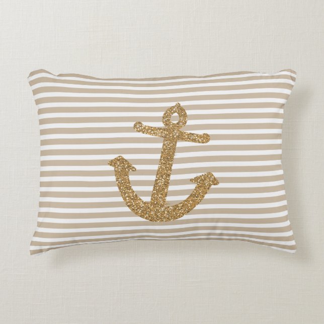 Gold Stripes Nautical Anchor Accent Pillow (Front)