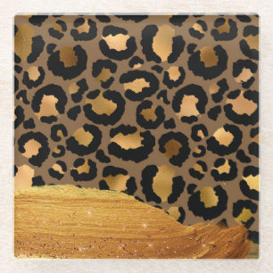 Gold Stripes on Metal Glamour Cheetah Skin Glass Coaster