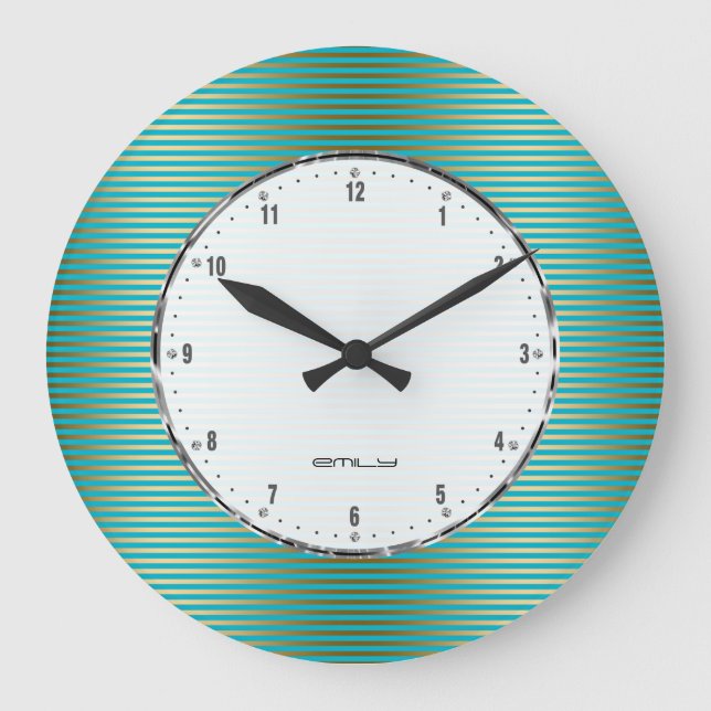 Gold Stripes Over Turquoise Background Large Clock (Front)
