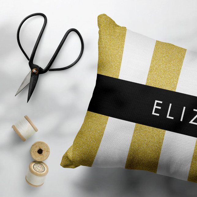 Gold Stripes, Striped Pattern, Lines, Your Name Accent Pillow (Creator Uploaded)