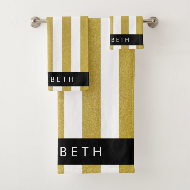Gold Stripes, Striped Pattern, Lines, Your Name Bath Towel Set (Insitu)