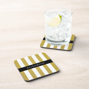 Gold Stripes, Striped Pattern, Lines, Your Name Coaster