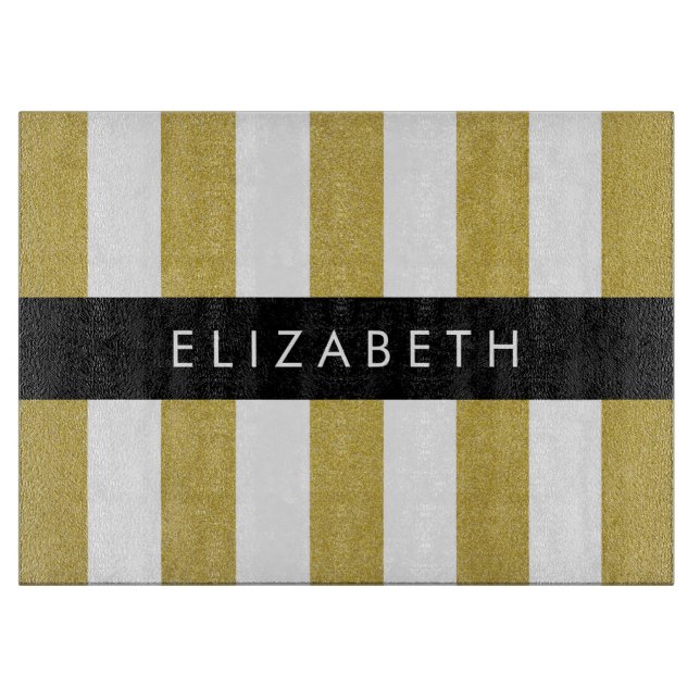 Gold Stripes, Striped Pattern, Lines, Your Name Cutting Board (Front)