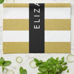 Gold Stripes, Striped Pattern, Lines, Your Name Kitchen Towel