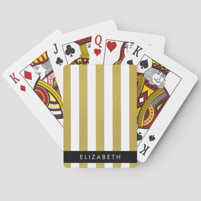 Gold Stripes, Striped Pattern, Lines, Your Name Playing Cards (Back)
