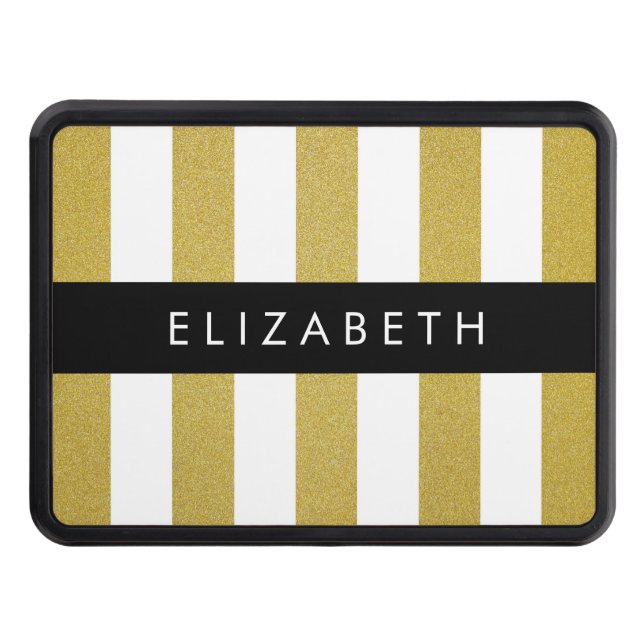 Gold Stripes, Striped Pattern, Lines, Your Name Trailer Hitch Cover (Front)