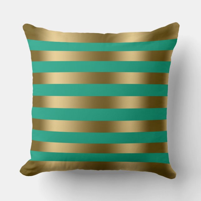 Gold Stripes Turquoise Background Throw Pillow (Front)