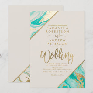 Gold stripes typography turquoise marble wedding invitation