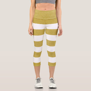 Gold Stripes, White Stripes, Striped Pattern Capri Leggings