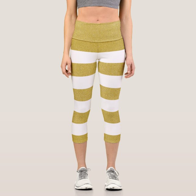 Gold Stripes, White Stripes, Striped Pattern Capri Leggings (Front)